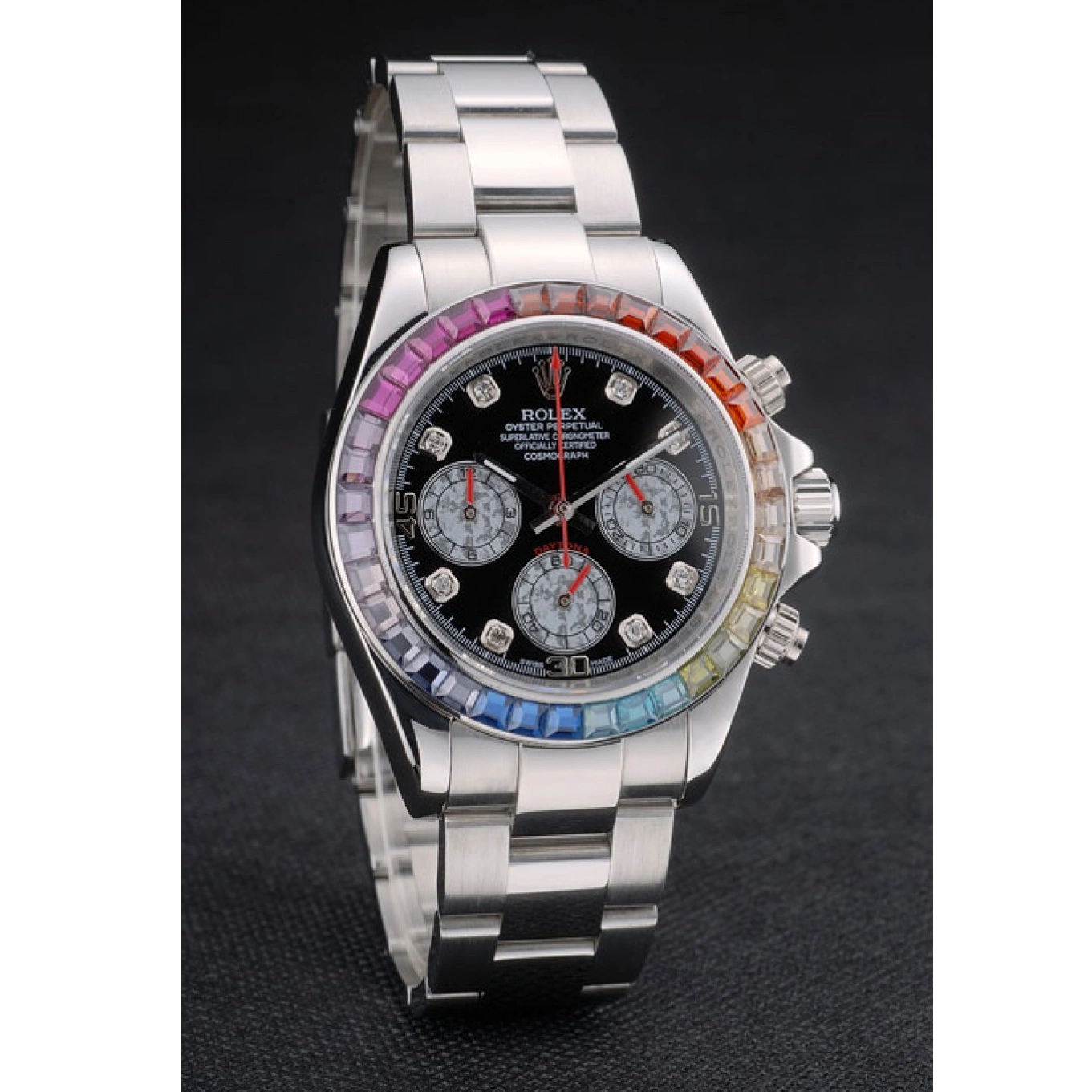 MiroTime 0709 Rolex Daytona Cosmograph Rainbow Crystals Bezel Stainless Steep Strap Black Dial 80250